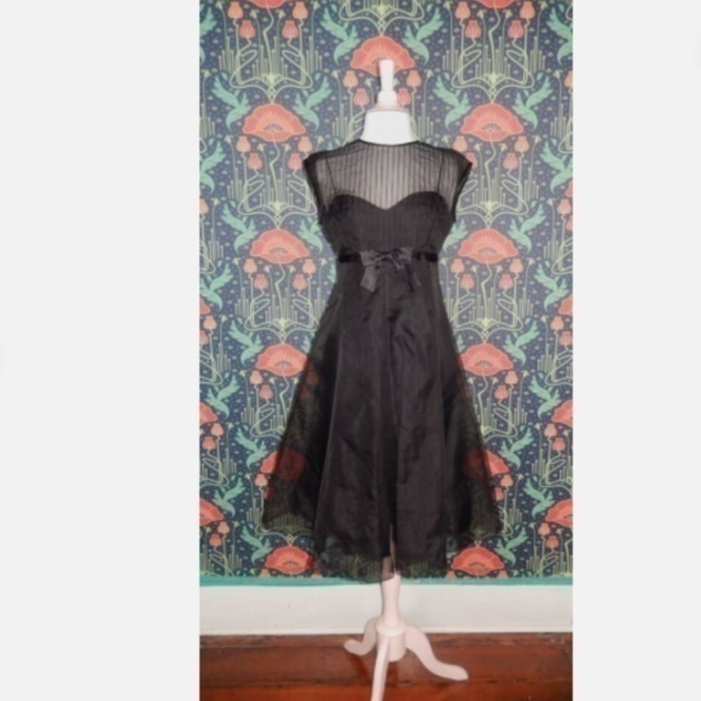Rickie Freeman Teri Jon Black Empire Waist Sheer A-Line Silk Organza Bow Dress 6